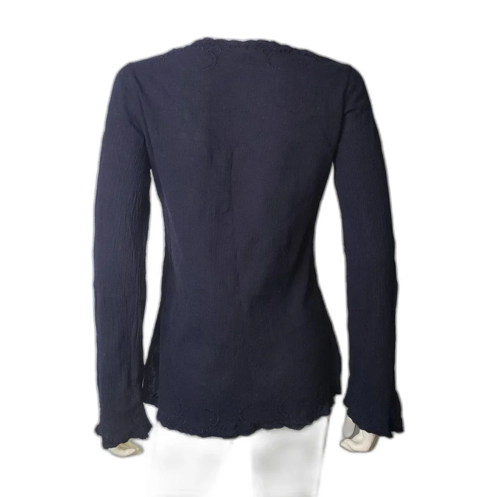 J. CREW Navy Blue Long Sleeve Cotton Embroidered Scalloped V Neck Top Womens XS